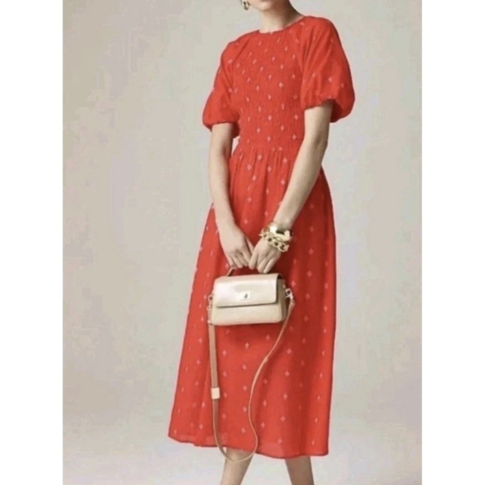 J.Crew Meadow Dress Small Red Smocked Floral Midi Sundress Cottagecore Prairie